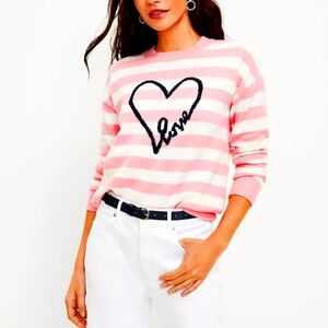 LOFT pink and white striped sweater with Heart Design